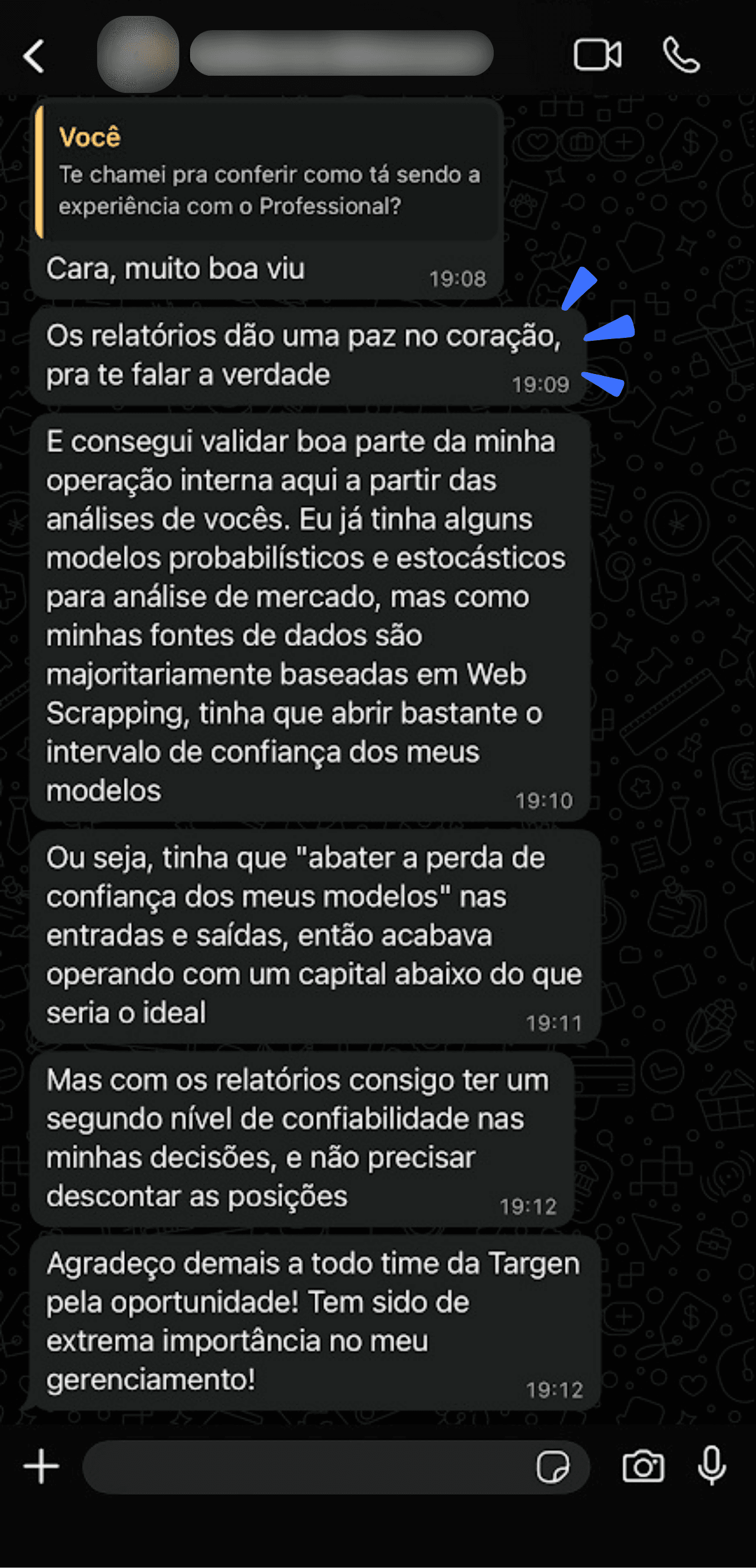 Relato de cliente da Targen no WhatsApp