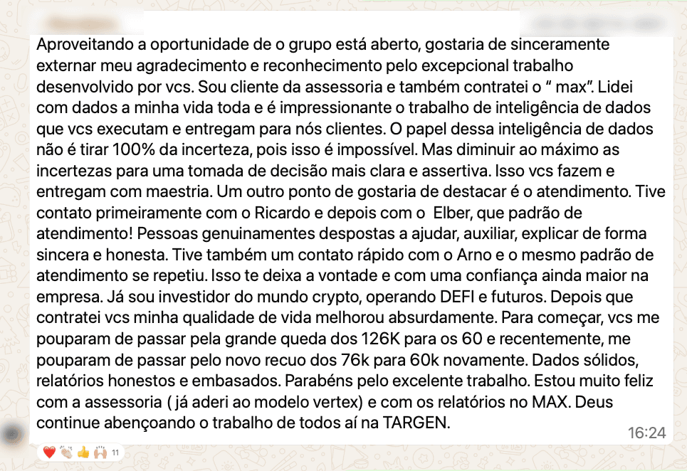 Relato de cliente da Targen no WhatsApp