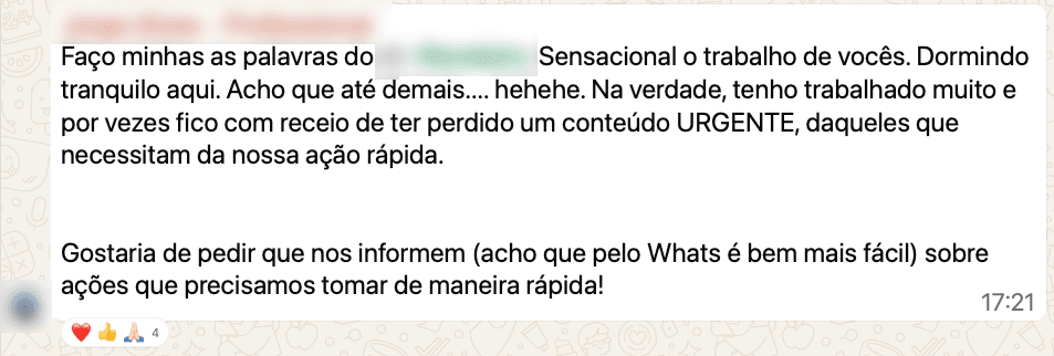 Relato de cliente da Targen no WhatsApp
