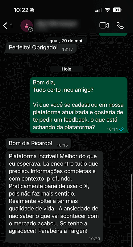 Relato de cliente da Targen no WhatsApp